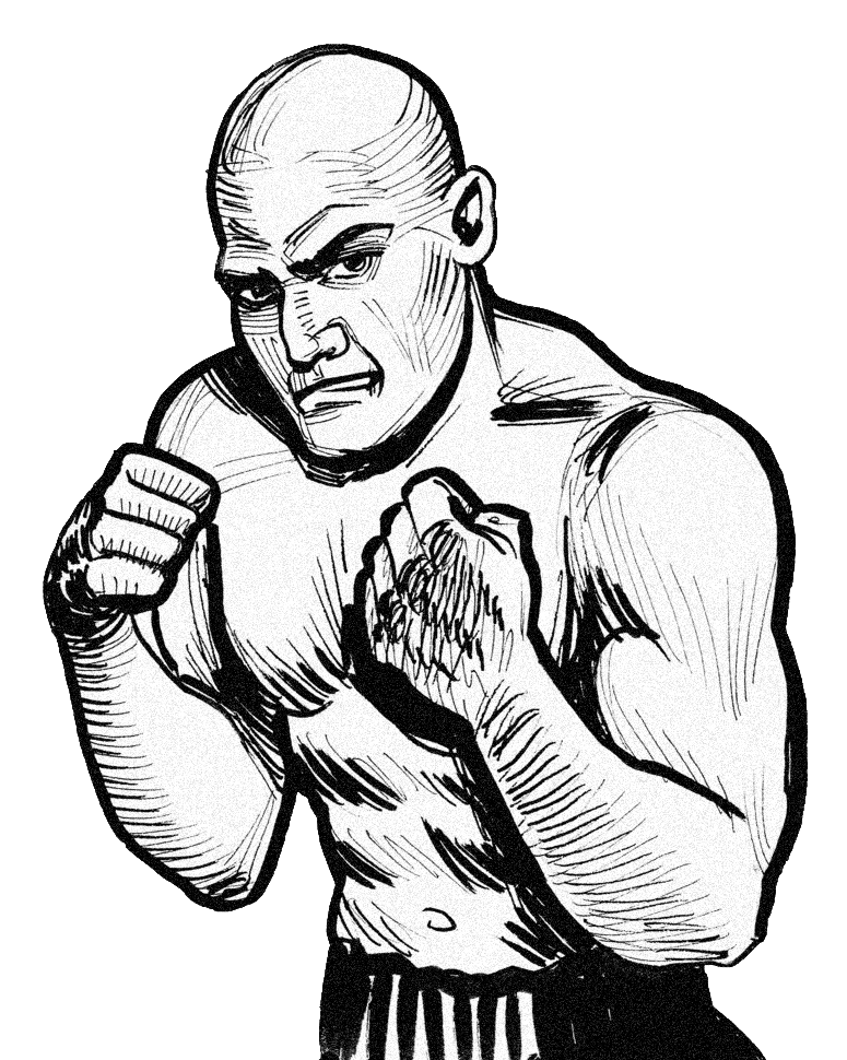 Line drawing of main standing in fighting stance